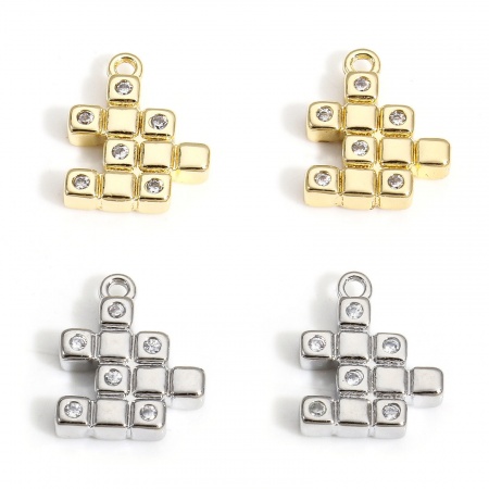 Brass Charms Real Gold Plated Rubik's Cube/ Magic Cube Clear Cubic Zirconia Tetris 12mm x 10mm