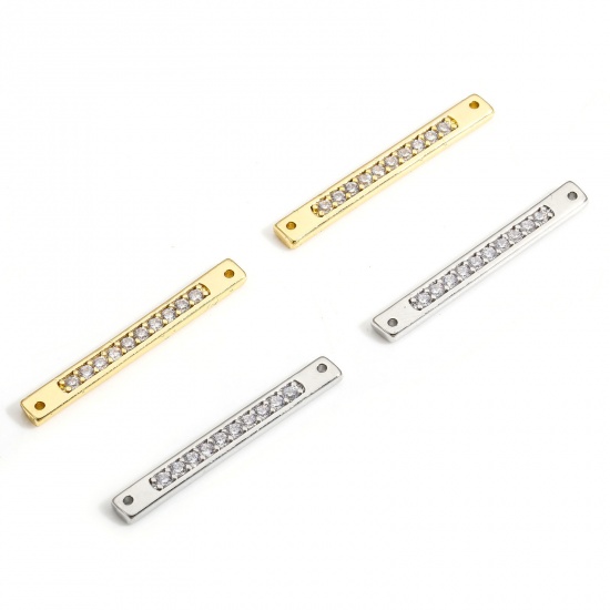 Bild von 2 PCs Brass Geometric Connectors Charms Pendants Rectangle Real Gold Plated Micro Pave Clear Cubic Zirconia 32mm x 4mm                                                                                                                                        