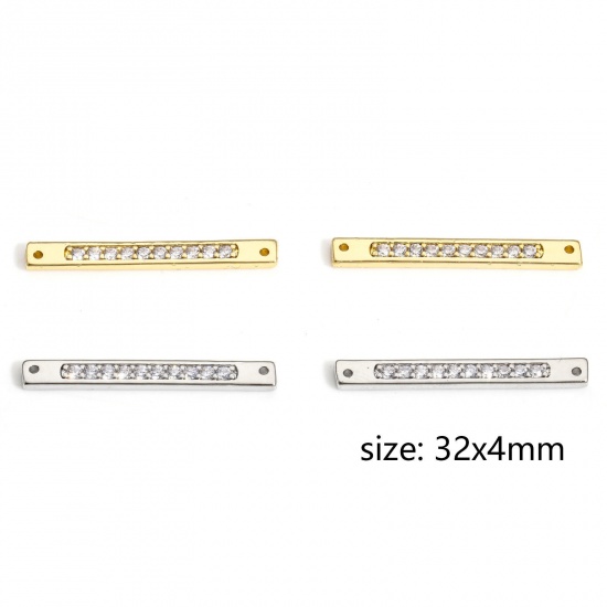 Picture of Brass Geometric Connectors Charms Pendants Rectangle Real Gold Plated Micro Pave Clear Cubic Zirconia 32mm x 4mm