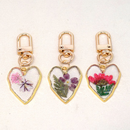 Изображение Resin Handmade Resin Jewelry Real Flower Keychain & Keyring Gold Plated Multicolor Heart Flower