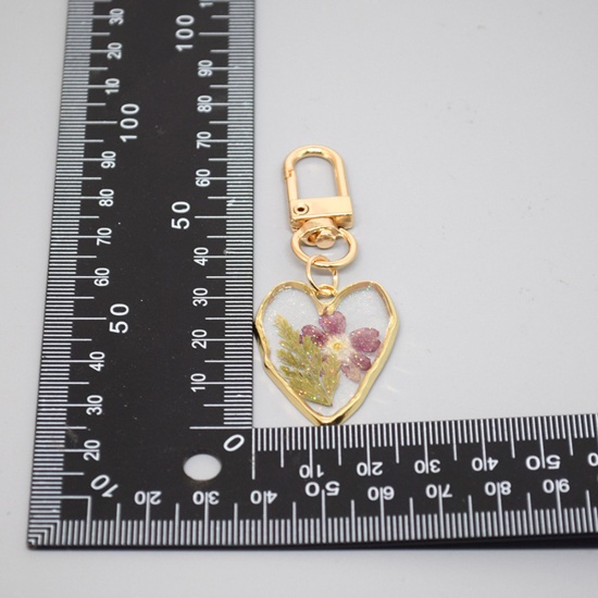 Immagine di 1 Pz Gioielli in Resina Fiore Handmade Reale Anello Portachiavi Oro Placcato Multicolore Cuore