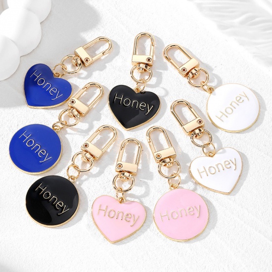 Valentine's Day Keychain & Keyring Gold Plated Multicolor Heart Message " Honey " Enamel の画像