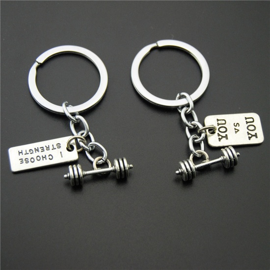 Sport Keychain & Keyring Antique Silver Color Dumbbell Message " You vs You " の画像