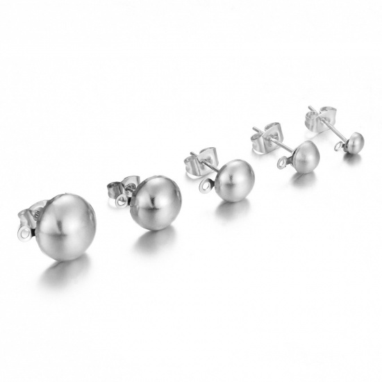 Picture of 20 PCs 304 Stainless Steel Ear Post Stud Earring With Loop Connector Accessories Hemispherical Silver Tone Post/ Wire Size: (21 gauge)