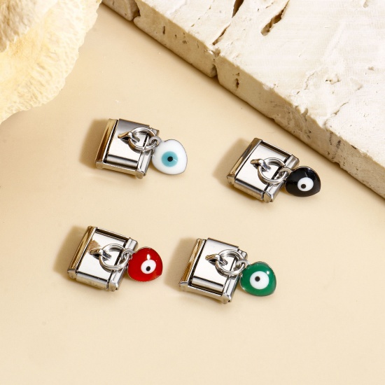 Picture of 304 Stainless Steel Italian Charm Links For DIY Bracelet Jewelry Making Silver Tone Rectangle Evil Eye Double-sided Enamel 10mm x 9mm