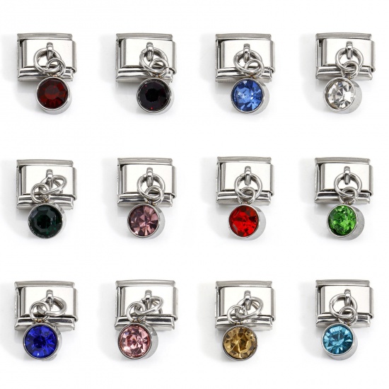 Bild von 1 Stück 304 Edelstahl Monatsstein Charm-Armband mit italienischen Gliedern zur Herstellung von DIY-Schmuck Silberfarbe Rechteck Bunt Strass 10mm x 9mm