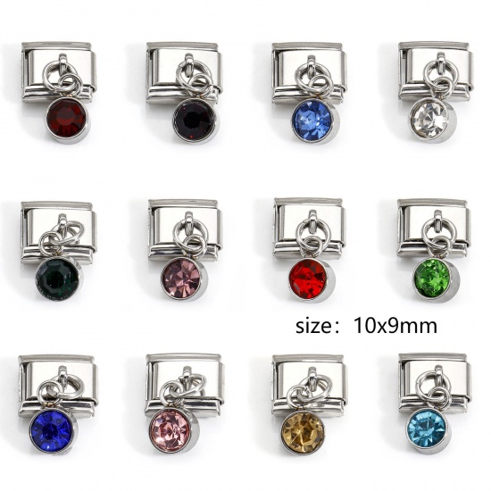 Bild von 1 Stück 304 Edelstahl Monatsstein Charm-Armband mit italienischen Gliedern zur Herstellung von DIY-Schmuck Silberfarbe Rechteck Bunt Strass 10mm x 9mm