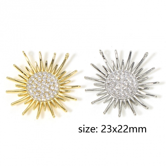 Picture of Brass Galaxy Connectors Charms Pendants Sun Real Gold Plated Micro Pave Clear Cubic Zirconia 23mm x 22mm