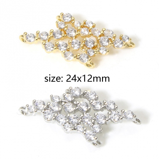 Picture of Brass Micro Pave Connectors Charms Pendants Rhombus Real Gold Plated Clear Cubic Zirconia 24mm x 12mm