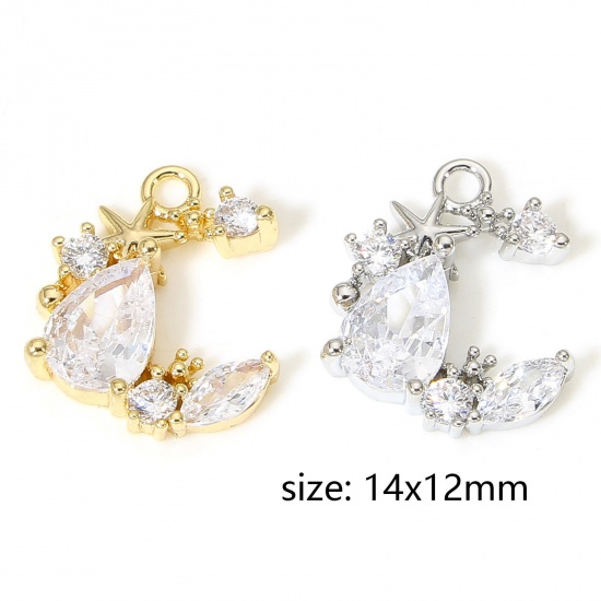 Image de 1 Pièce Breloques Galaxie en Laiton Demi Lune Plaqué Or Véritable à Zircone Cubique Clair 14mm x 12mm