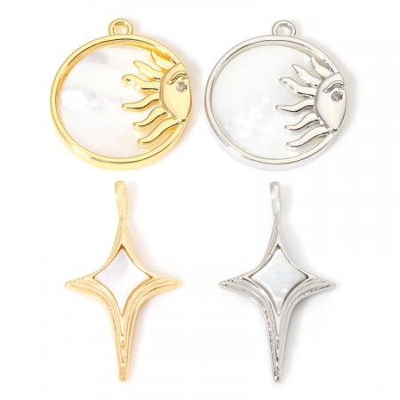 Natural Shell & Brass Galaxy Charms Real Gold Plated Round Sun Clear Cubic Zirconia 17mm x 15mm