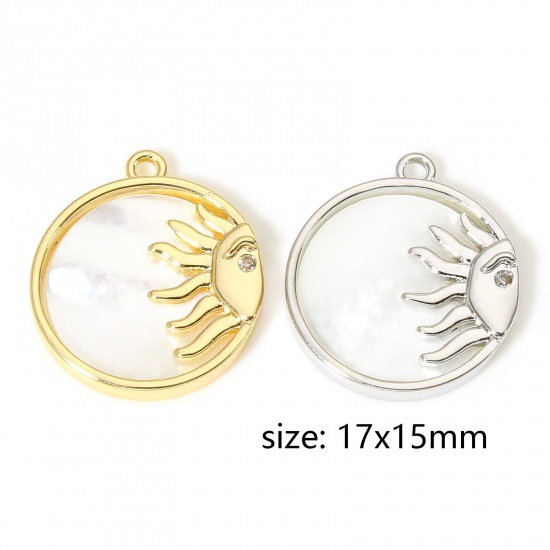 Picture of Shell & Brass Galaxy Charms Real Gold Plated Round Sun Clear Cubic Zirconia 17mm x 15mm