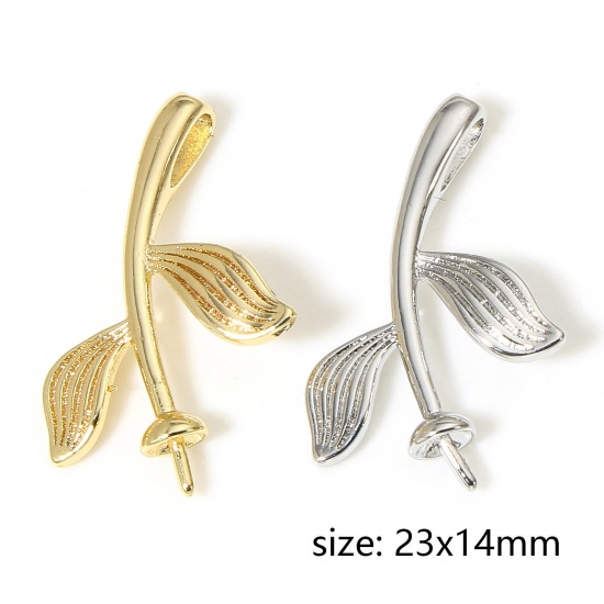 Picture of Brass Pearl Pendant Connector Bail Pin Cap Real Gold Plated Leaf 23mm x 14mm, Needle Thickness: 0.8mm