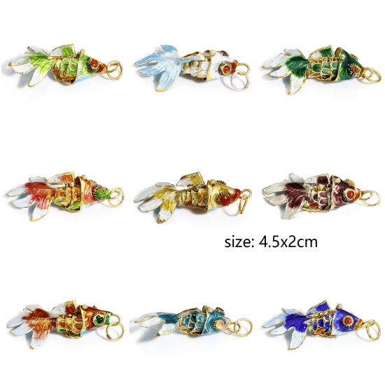 Picture of Brass 3D Pendants Gold Plated Multicolor Enamel Fish Animal Movable 4.5cm x 2cm