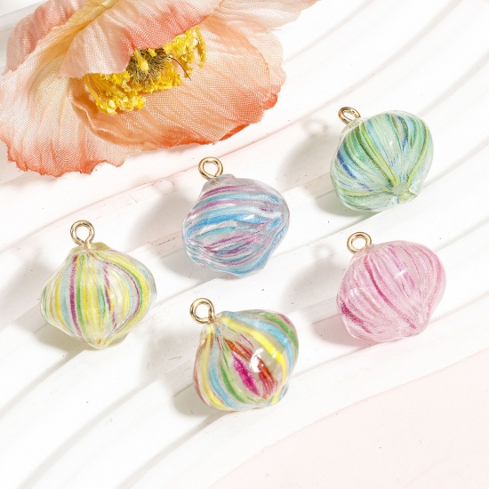 Picture of 1 Piece Resin Charms Candy Stripe Gold Plated Multicolor 3D 20mm x 18mm