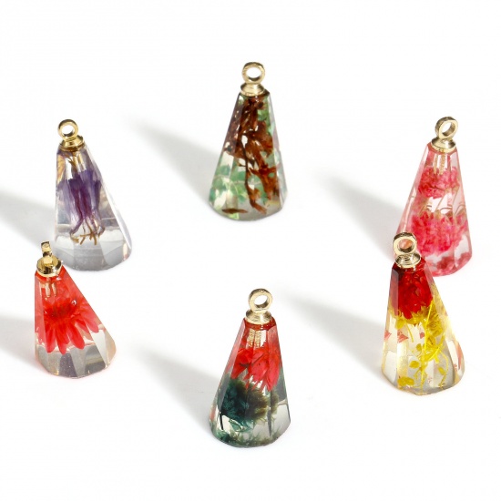 Изображение 2 PCs Resin & Real Dried Flower Handmade Resin Jewelry Real Flower Charms Cone Gold Plated Multicolor 17mm x 9mm