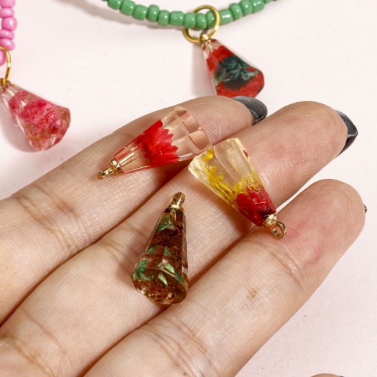 Изображение 2 PCs Resin & Real Dried Flower Handmade Resin Jewelry Real Flower Charms Cone Gold Plated Multicolor 17mm x 9mm