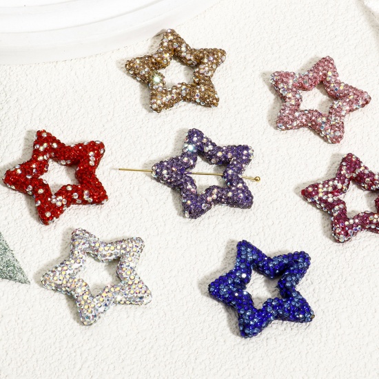 Picture of Polymer Clay & Rhinestone Galaxy Beads For DIY Charm Jewelry Making Pentagram Star Multicolor About 3.4cm x 3.3cm, Hole: Approx 1mm