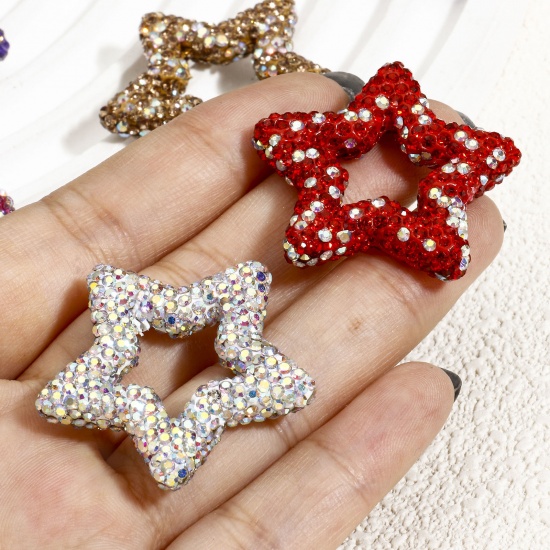 Picture of Polymer Clay & Rhinestone Galaxy Beads For DIY Charm Jewelry Making Pentagram Star Multicolor About 3.4cm x 3.3cm, Hole: Approx 1mm