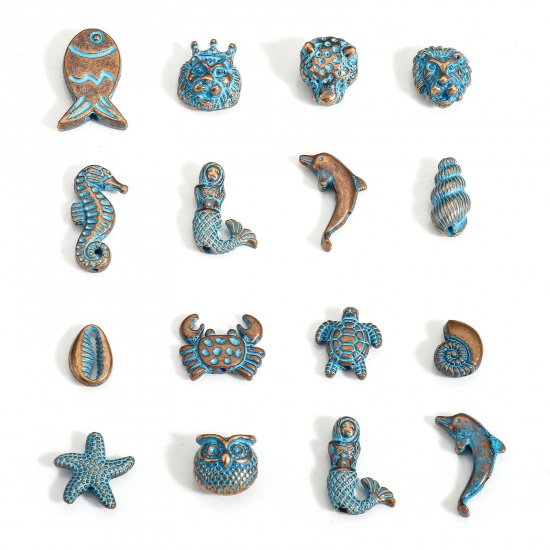 Bild von 30 PCs Zinc Based Alloy Ocean Jewelry Spacer Beads For DIY Charm Jewelry Making Antique Copper Blue Star Fish Mermaid Patina
