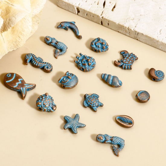 Picture of 30 PCs Zinc Based Alloy Ocean Jewelry Spacer Beads For DIY Charm Jewelry Making Antique Copper Blue Star Fish Mermaid Patina
