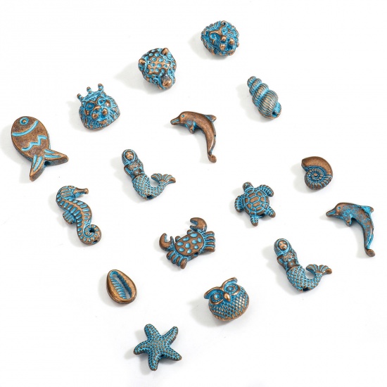 Bild von 30 Stück Zinklegierung Ozean Schmuck Zwischenperlen Spacer Perlen für die Herstellung von DIY-Charme-Schmuck Rotkupferfarbe Blau Seesterne Meerjungfrau Patina