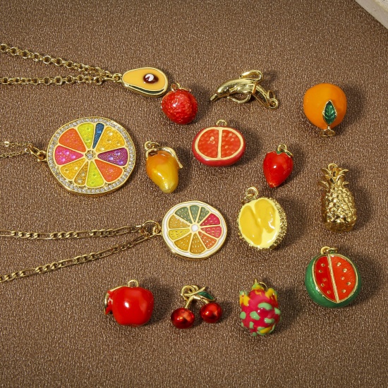 Picture of Brass Charms 18K Real Gold Plated Multicolor Fruit Enamel