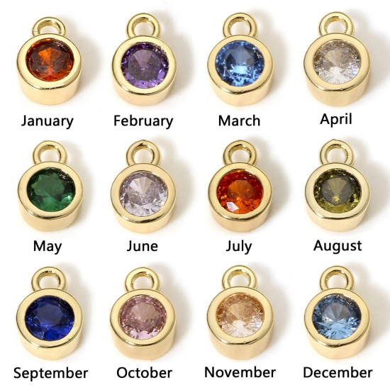 Picture of Brass Birthstone Charms 18K Real Gold Plated Round Multicolour Cubic Zirconia 8mm x 5.5mm