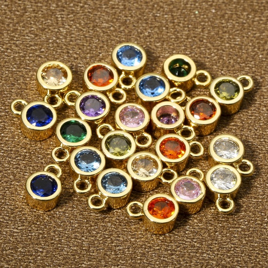 Picture of Brass Birthstone Charms 18K Real Gold Plated Round Multicolour Cubic Zirconia 8mm x 5.5mm