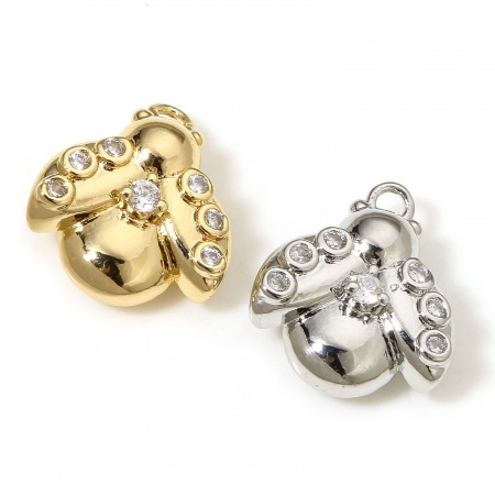 1 Pièce Breloques Insecte en Laiton Abeille Plaqué Or Véritable 3D à Zircone Cubique Clair 12.5mm x 11mm