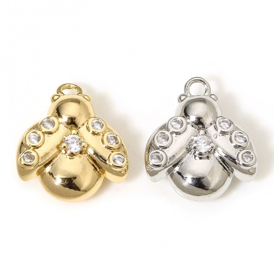 Picture of Brass Insect Charms Real Gold Plated Bee Animal 3D Clear Cubic Zirconia 12.5mm x 11mm