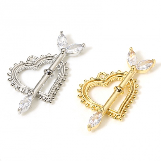 Picture of Brass Valentine's Day Charms Real Gold Plated Heart Arrowhead Clear Cubic Zirconia 27mm x 22mm
