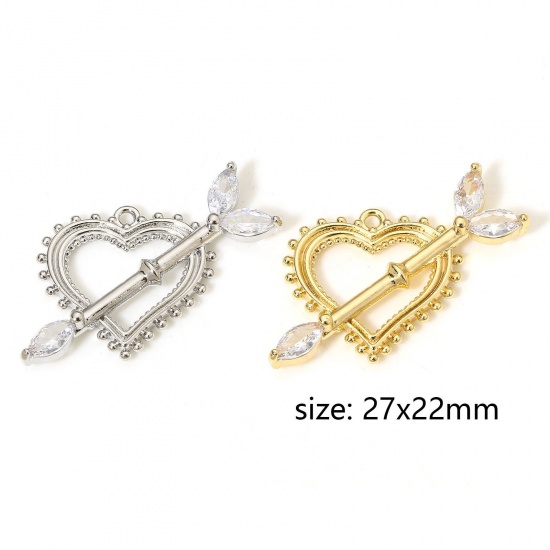 Picture of Brass Valentine's Day Charms Real Gold Plated Heart Arrowhead Clear Cubic Zirconia 27mm x 22mm