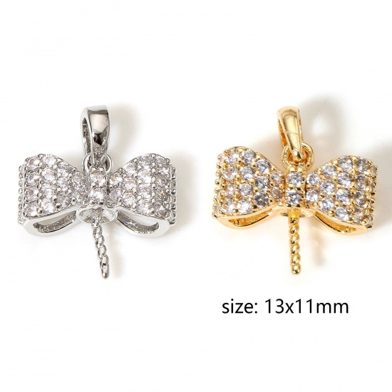 Picture of Brass Micro Pave Pearl Pendant Connector Bail Pin Cap Real Gold Plated Bowknot Micro Pave Clear Cubic Zirconia 13mm x 11mm, Needle Thickness: 0.7mm