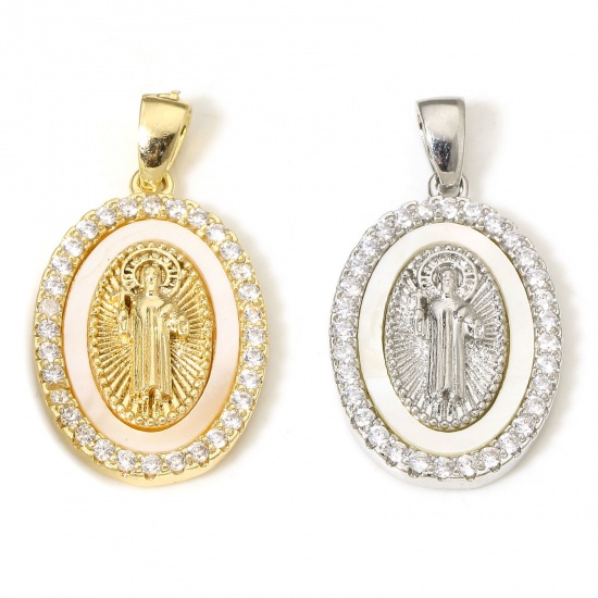 Picture of Eco-friendly Shell & Brass Religious Charms Real Gold Plated Oval Jesus Micro Pave Clear Cubic Zirconia 26mm x 14.5mm