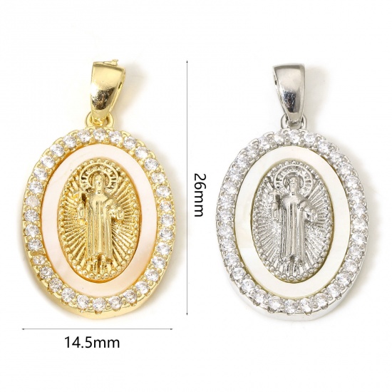 Picture of Eco-friendly Shell & Brass Religious Charms Real Gold Plated Oval Jesus Micro Pave Clear Cubic Zirconia 26mm x 14.5mm