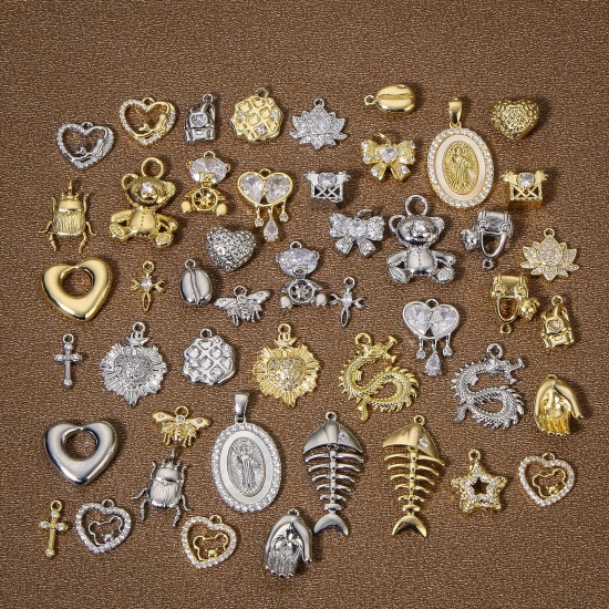 Picture of Eco-friendly Brass Religious Charms Real Gold Plated Ex Voto Heart Heart Micro Pave Clear Cubic Zirconia 19mm x 15mm