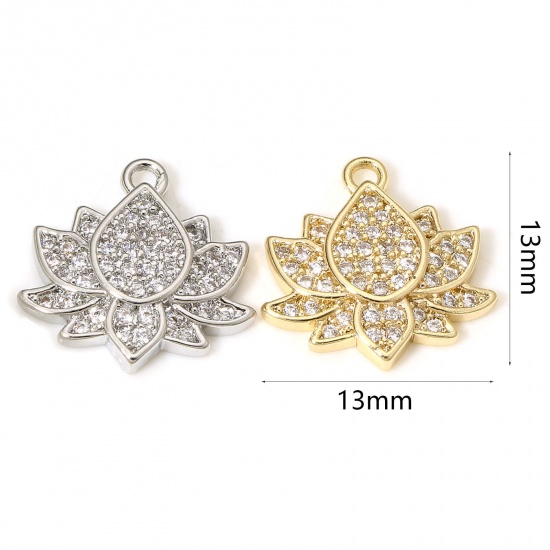Picture of Eco-friendly Brass Religious Charms Real Gold Plated Lotus Flower Micro Pave Clear Cubic Zirconia 13mm x 13mm