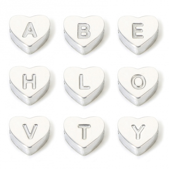 Изображение Eco-friendly 304 Stainless Steel Valentine's Day Beads For DIY Charm Jewelry Making Heart Silver Tone Initial Alphabet/ Capital Letter