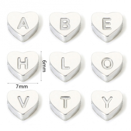 Imagen de Eco-friendly 304 Stainless Steel Valentine's Day Beads For DIY Charm Jewelry Making Heart Silver Tone Initial Alphabet/ Capital Letter
