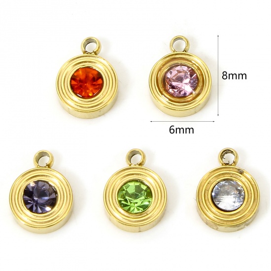 Immagine di 1 Pz Ecologico 304 Acciaio Inossidabile Pietre Nascita Charms Tondo Oro Placcato Anello Multicolore Strass