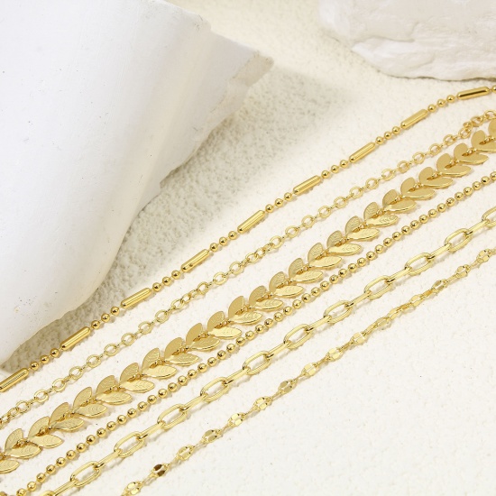 Picture of 1 Yard Eco-friendly Vacuum Plating Brass Stylish Handmade Link Chain For Handmade DIY Jewelry Making Findings Leaf 18K Gold Plated