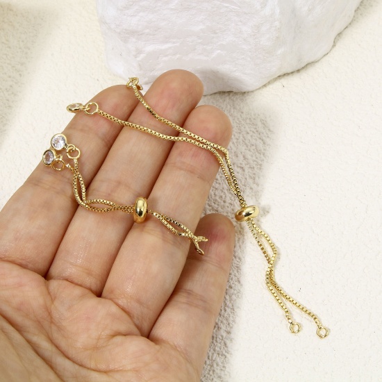 Изображение Eco-friendly Vacuum Plating Brass Simple Semi-finished Adjustable Slider/ Slide Bolo Bracelets For DIY Handmade Jewelry Making Box Chain 18K Gold Color Clear Rhinestone