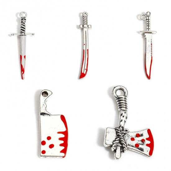 Immagine di 10 PCs Zinc Based Alloy Halloween Pendants Antique Silver Color Red Knife Enamel