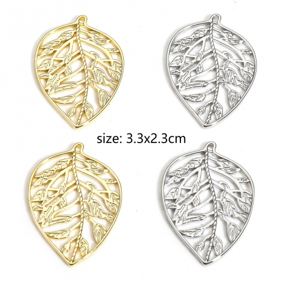 Immagine di 2 PCs Eco-friendly Brass Pendants Real Gold Plated Leaf Hollow 3.3cm x 2.3cm