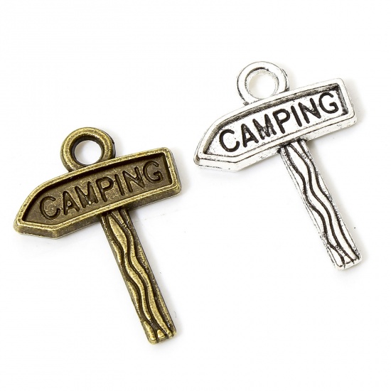 Picture of 50 PCs Zinc Based Alloy Charms Multicolor Road Sign Message " CAMPING " 23mm x 17mm