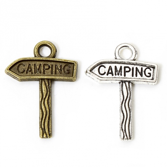 Picture of 50 PCs Zinc Based Alloy Charms Multicolor Road Sign Message " CAMPING " 23mm x 17mm
