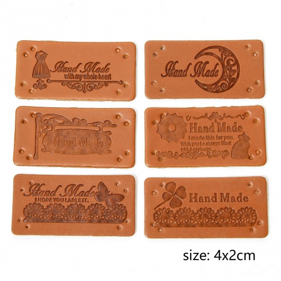 Bild von 50 PCs PU Label Tag For Clothing Rectangle Brown " Hand Made " 4cm x 2cm