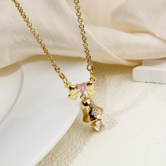 Picture of 1 Piece Eco-friendly Brass Christmas Charms Real Gold Plated Bell Bowknot 3D Clear Cubic Zirconia 28mm x 15.5mm