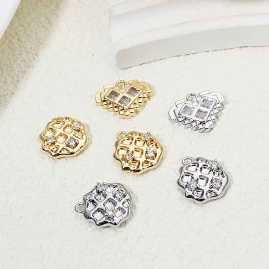 Picture of 1 Piece Eco-friendly Brass Charms Real Gold Plated Biscuit Clear Cubic Zirconia